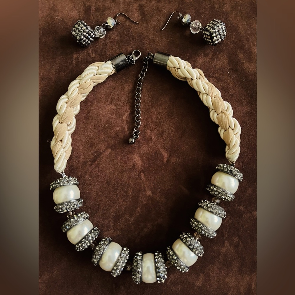 Ann Taylor Vintage Necklace Pearl Marcasite Beads w/Satin Rope /Cube Earrings